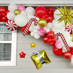 128pcs Christmas Balloon Garland Kit Red Candy Balloons Golden Star Foil