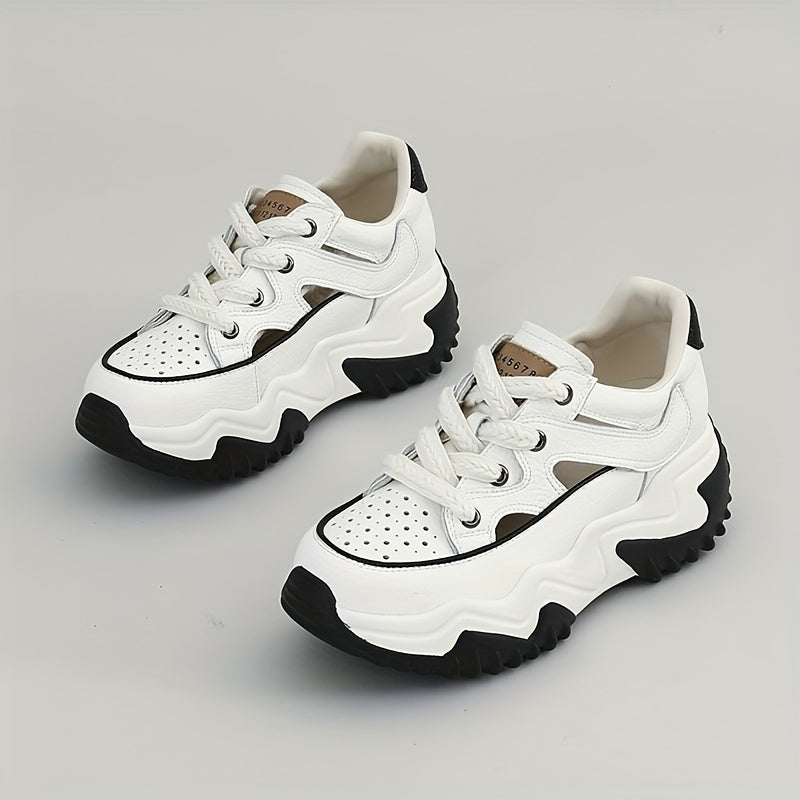 Women's Cutout Chunky Sneakers Lace Up Breathable Thick Sole Walking Shoes