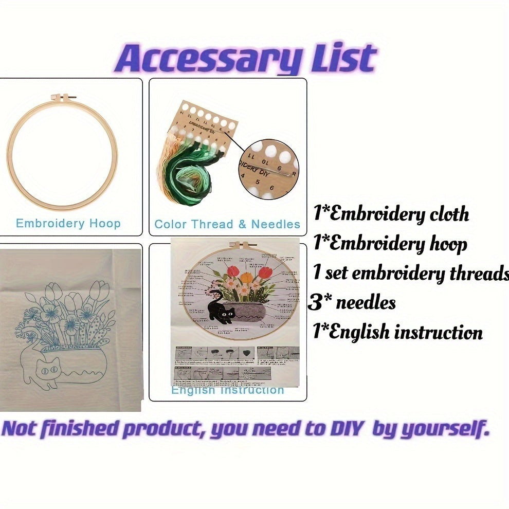 Cat Embroidery Kit DIY Starter Set with Hoop