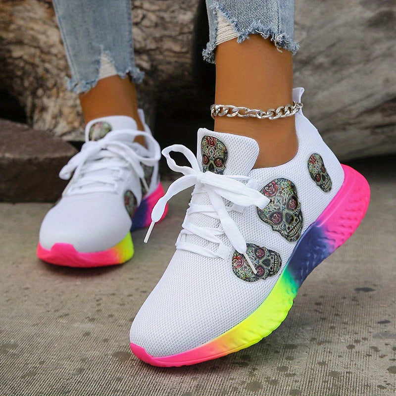 Women's Skull Pattern Sneakers Lace Up Low Top Mesh Shoes