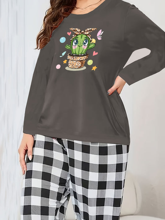 Cactus Print Tee & Plaid Pants Lounge Set - Plus Size