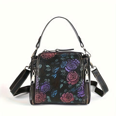 Vintage Floral Hand Painted Women's Shoulder Bag Cowhide Leather Urban Style