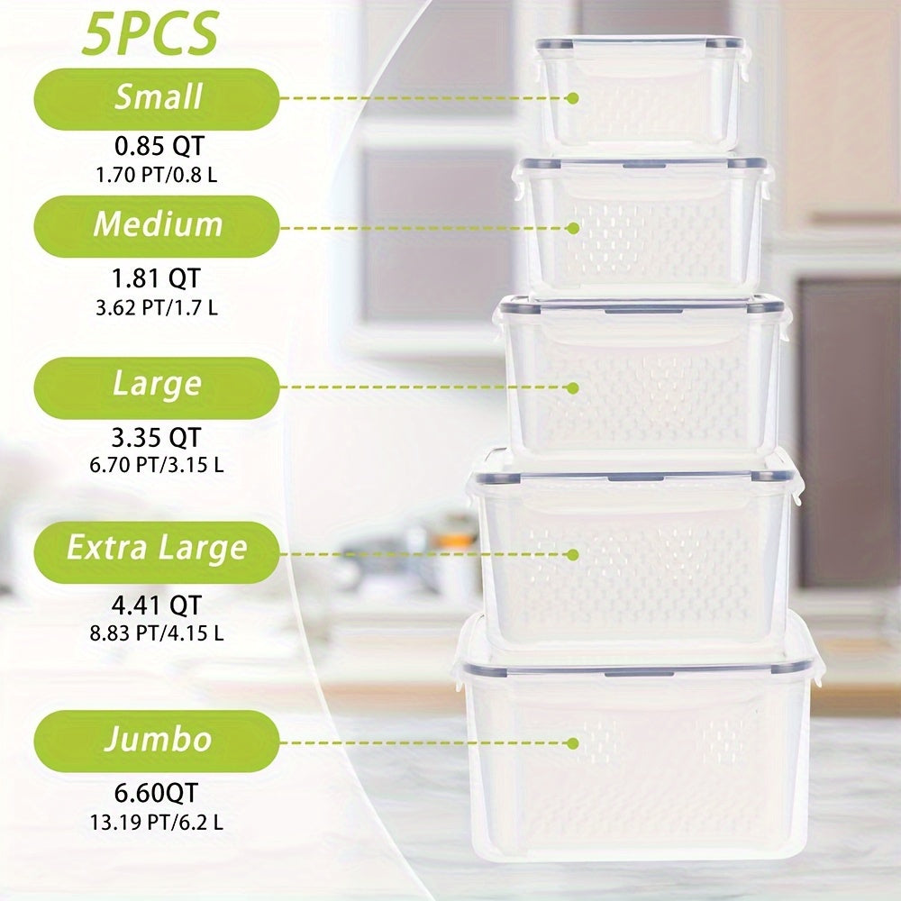 5pcs Fruit Container With Filter Mesh Cover Refrigerator Storage Box Set