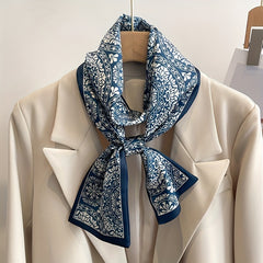 Flower Print Long Scarf Satin Ribbon Neckerchief Classic Twilly Scarf