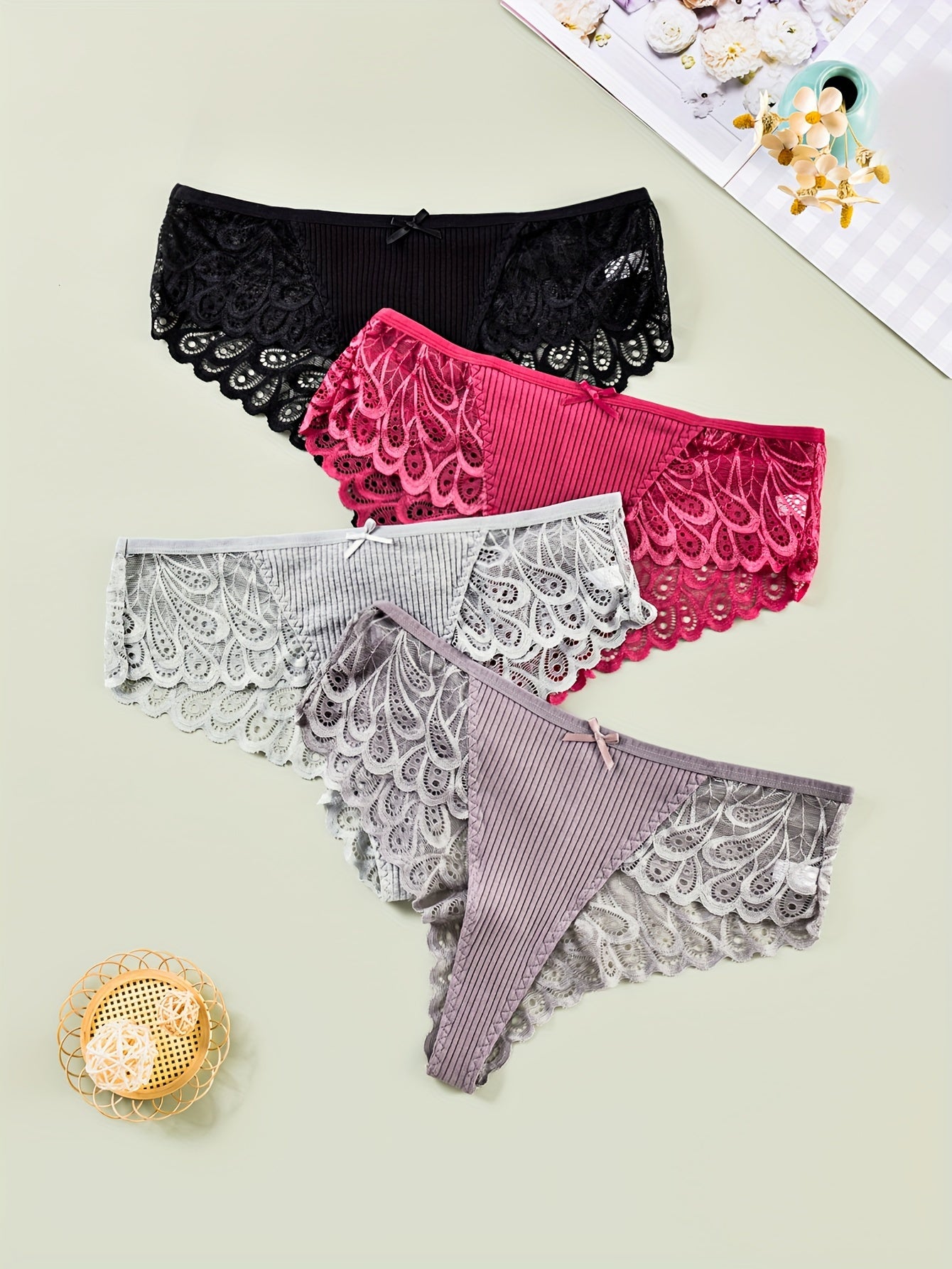 4 Pack Plus Size Sexy Panties Set Women's Plus Ribbed Knit Contrast Lace Briefs