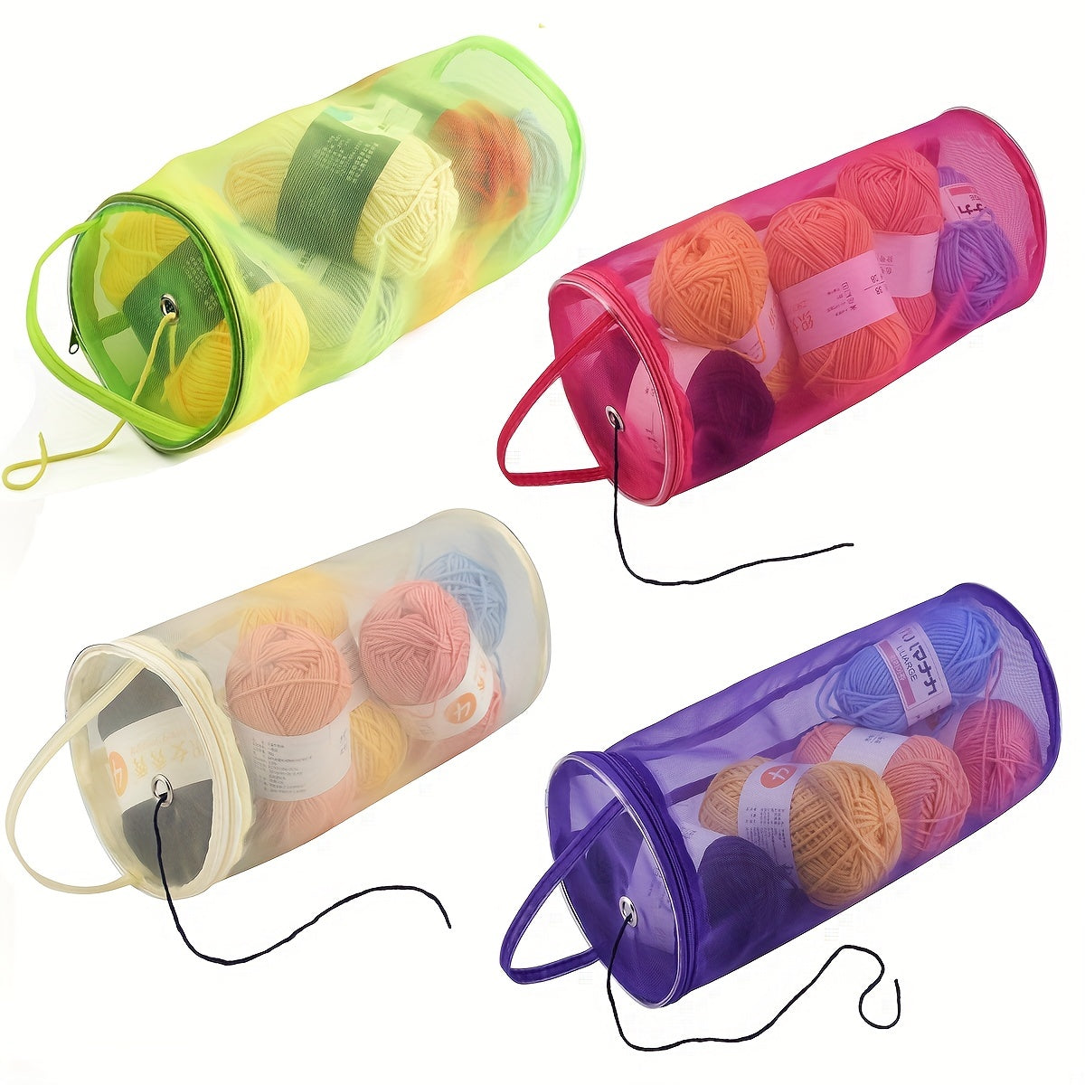 Knit Bag Yarn Storage Hollow Mesh Cylinder Container with Pull Loop