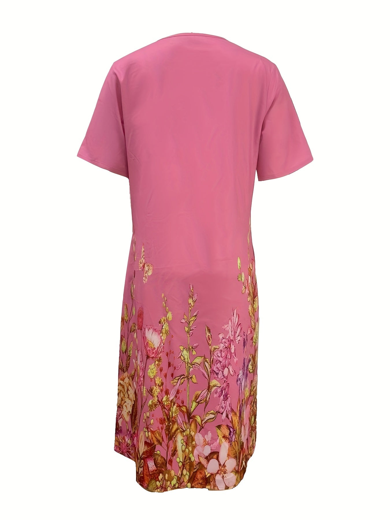 Floral Print Pleated Front Dress Short Sleeve Dual Pockets