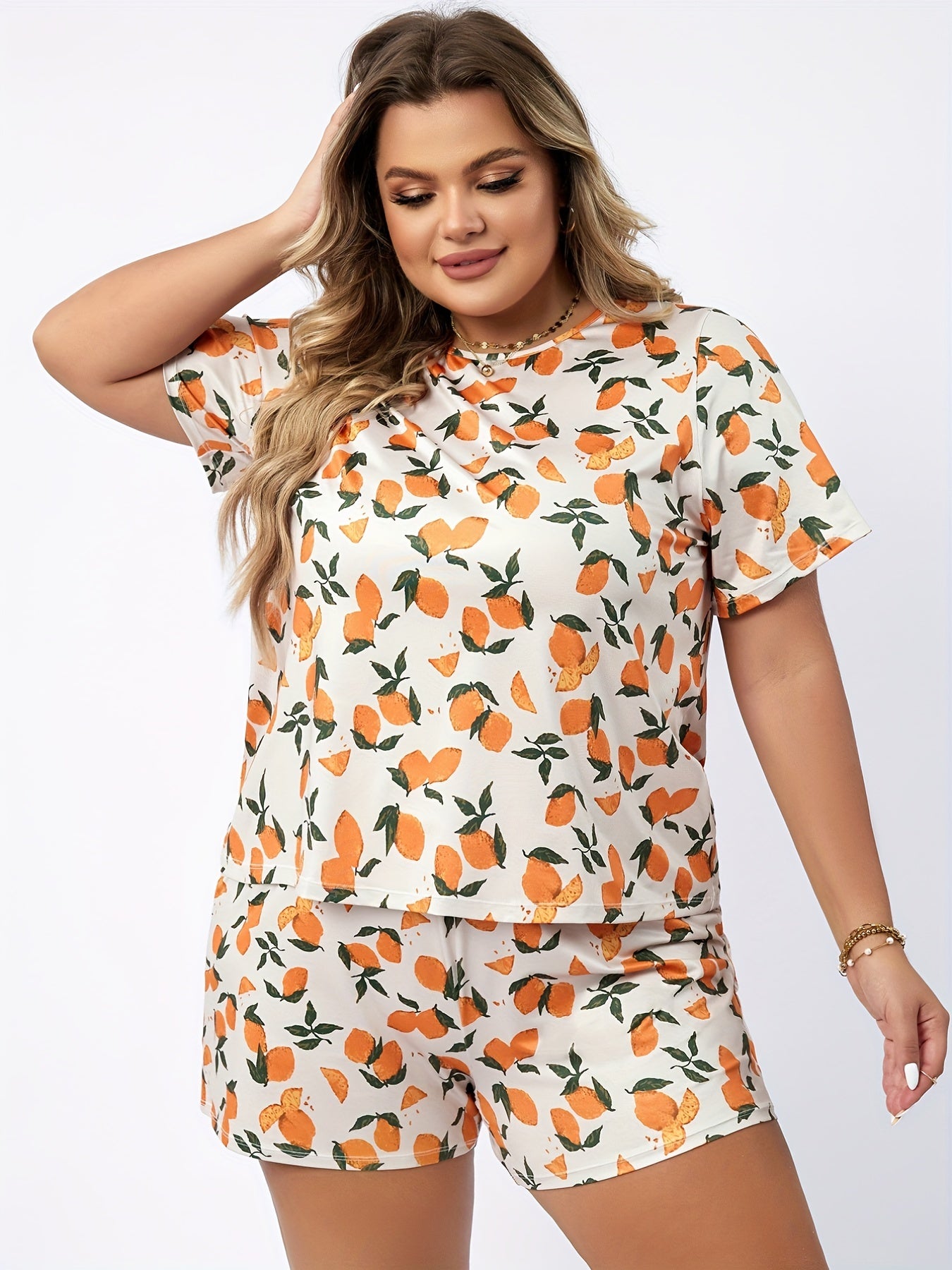  Orange Print Tee & Shorts Pajama Set