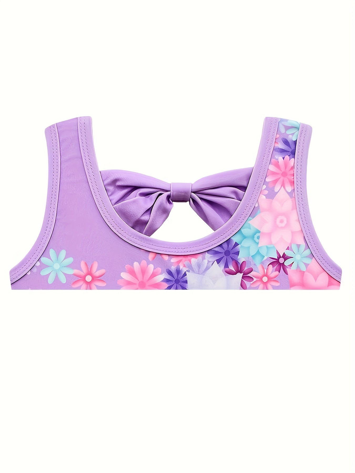 Girls 2pcs Swimsuit Tankini & Swim Cap Floral Print Bow Decor