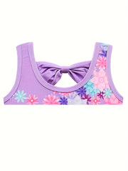 Girls 2pcs Swimsuit Tankini & Swim Cap Floral Print Bow Decor