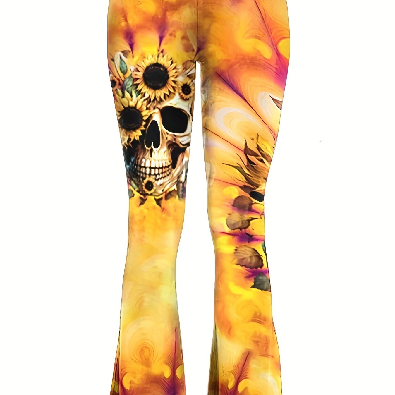  Skull & Sunflower Print Elastic High Rise Stretch Pants
