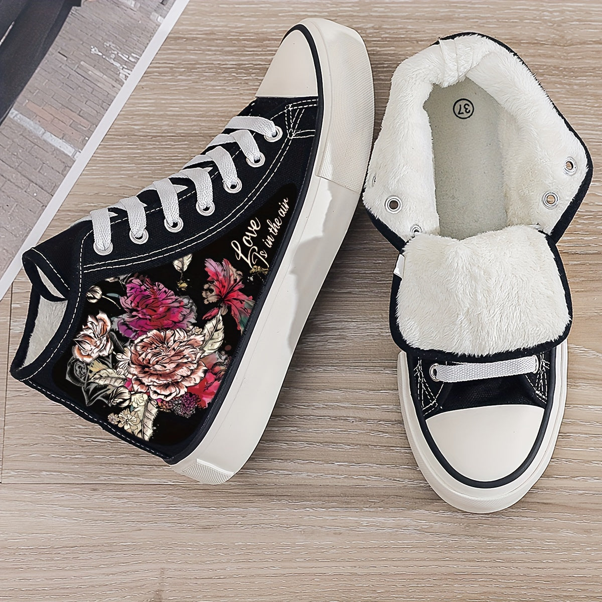 Floral Print Plush Lined Chunky Canvas Sneakers