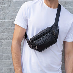 Men's Leather Fanny Pack Top Layer Cowhide Shoulder Bag for Sports Running