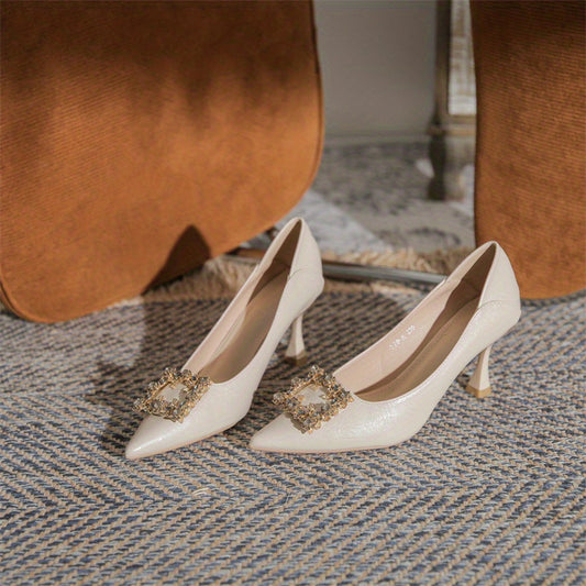 Women's Pointed Toe High Heels Square Rhinestone Buckle Slip On Stiletto Heels