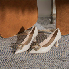 Women's Pointed Toe High Heels Square Rhinestone Buckle Slip On Stiletto Heels