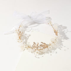Faux Pearl Flower Headband Hand Braided Golden Leaf Tiara