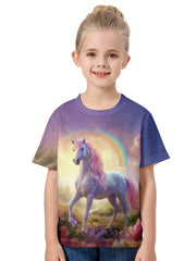 3D Forest Unicorn Graphic Short Sleeve T-shirt for Girls