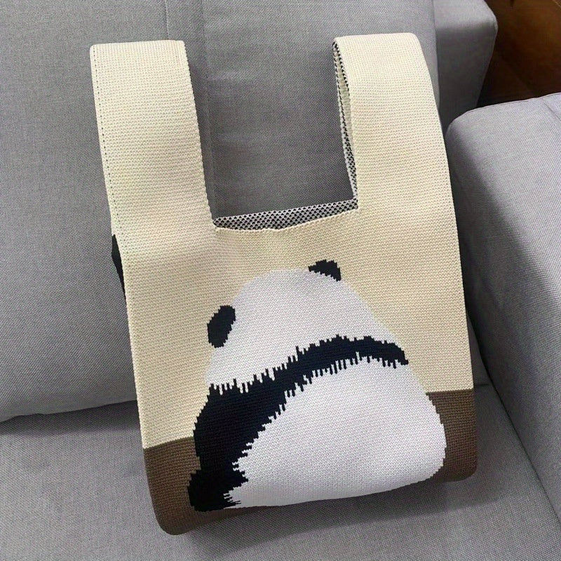Knitted Panda Pattern Handbag Colorblock Satchel Bag