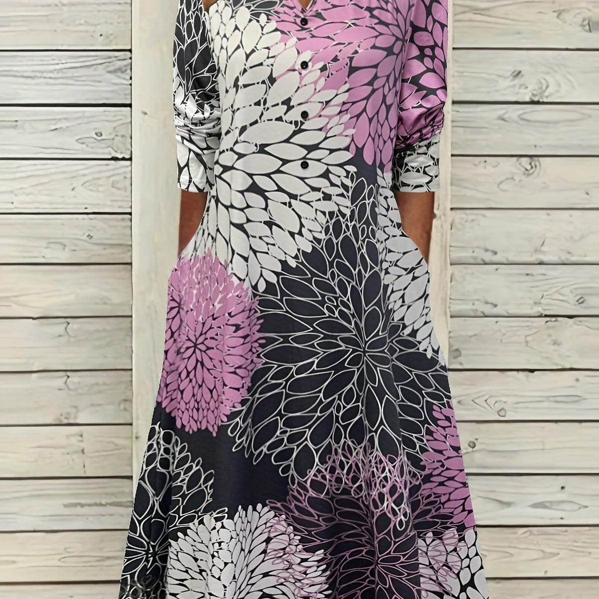  Boho Dress Women's Plus Allover Print Long Sleeve Button Decor