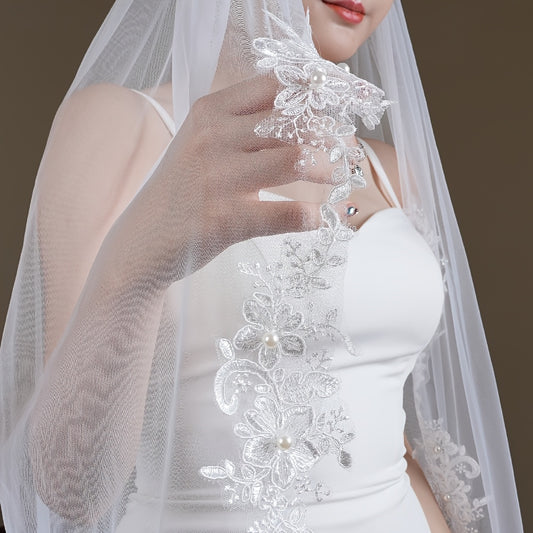 Romantic Bridal Veil with Lace and Faux Pearls