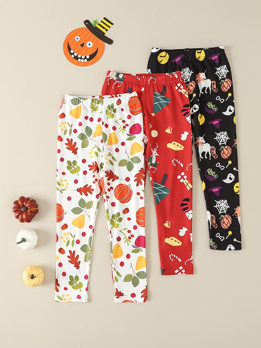 3 Pcs Girls' Halloween & Christmas Stretch Leggings Pants