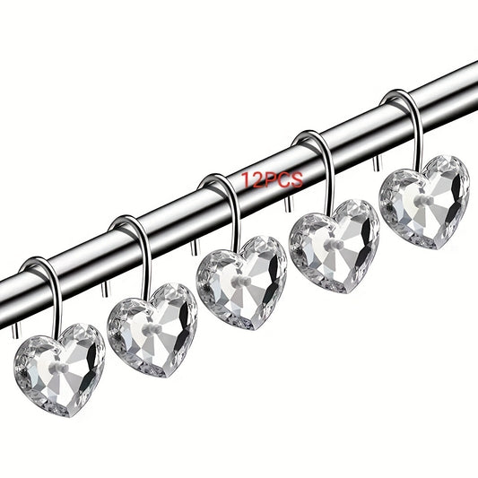 12pcs Heart Shower Curtain Hooks Acrylic Rhinestone Love Decorative Bathroom Acc