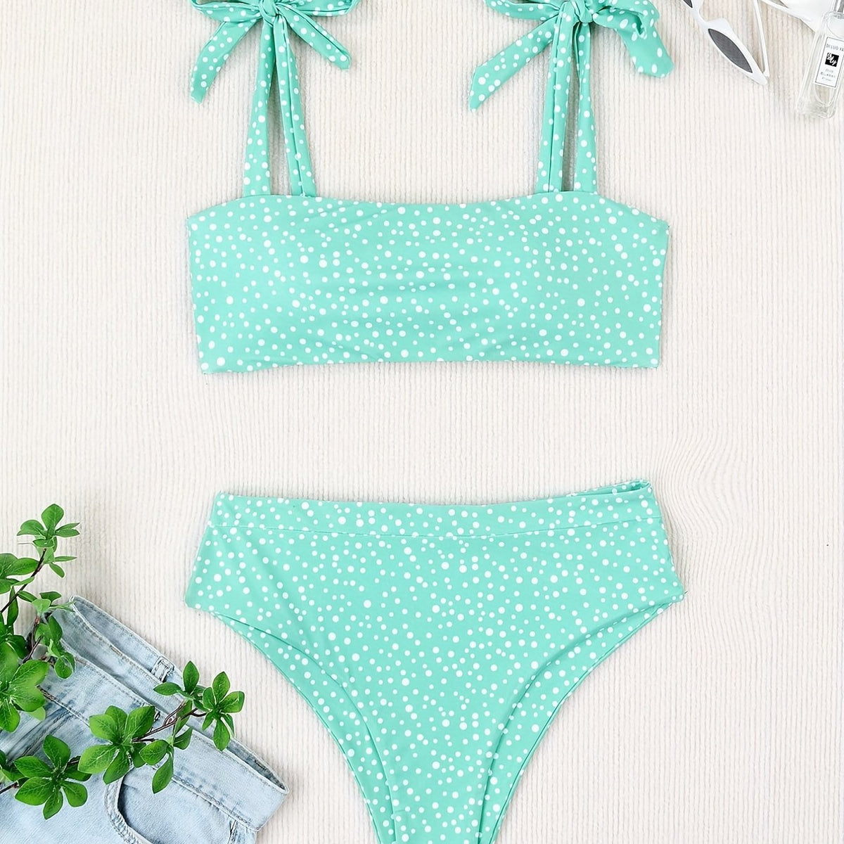  Polka Dot Print Tie Shoulder Swimsuit Set
