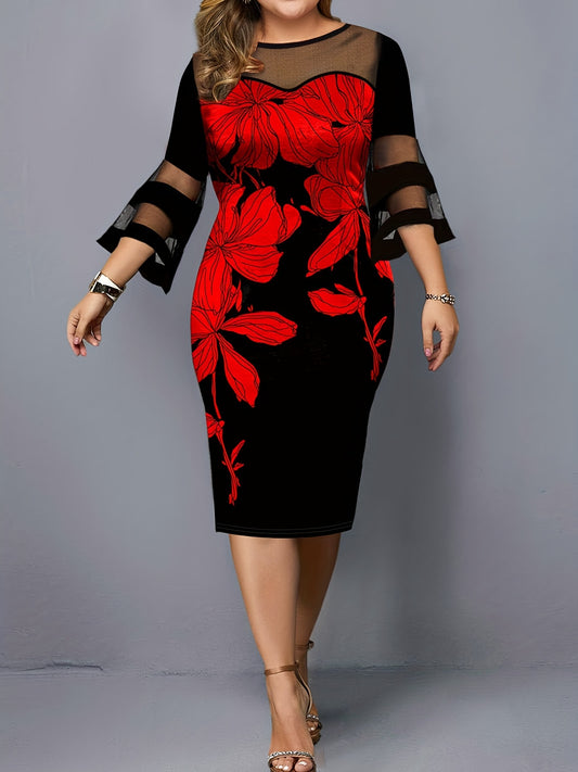 Women's Plus Floral Print Mesh Bell Sleeve Dress