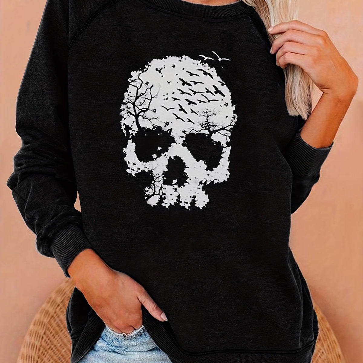 Skull Print Crew Neck Sweatshirt for Women