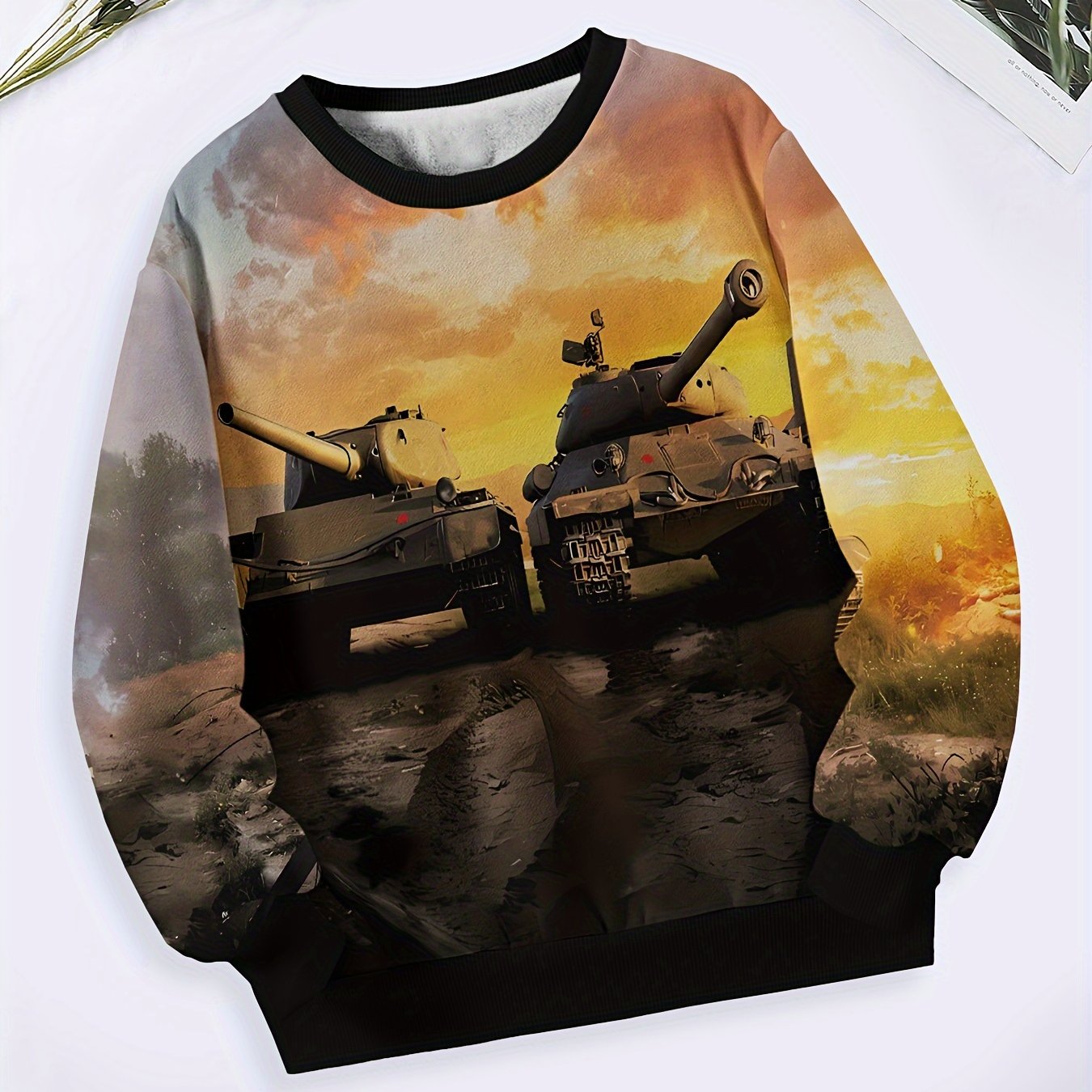 Girls Boys Sunset Tank Pattern Long Sleeve Crew Neck Sweatshirt