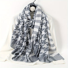 Gray Houndstooth Print Silk Scarf for Women