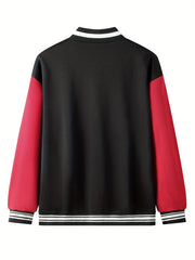 Rose Pattern Embroidery Varsity Jacket Men's Casual Block Button Up Jacket