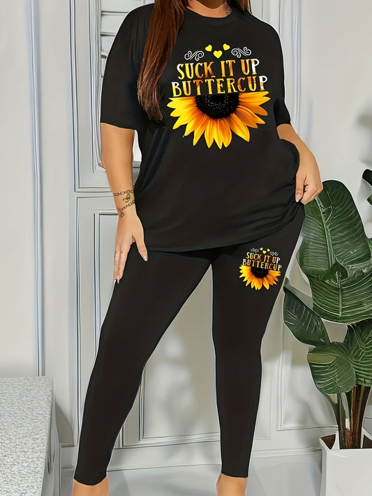 Plus Size Women's Slogan & Floral Print Round Neck Top & Leggings Outfit Set