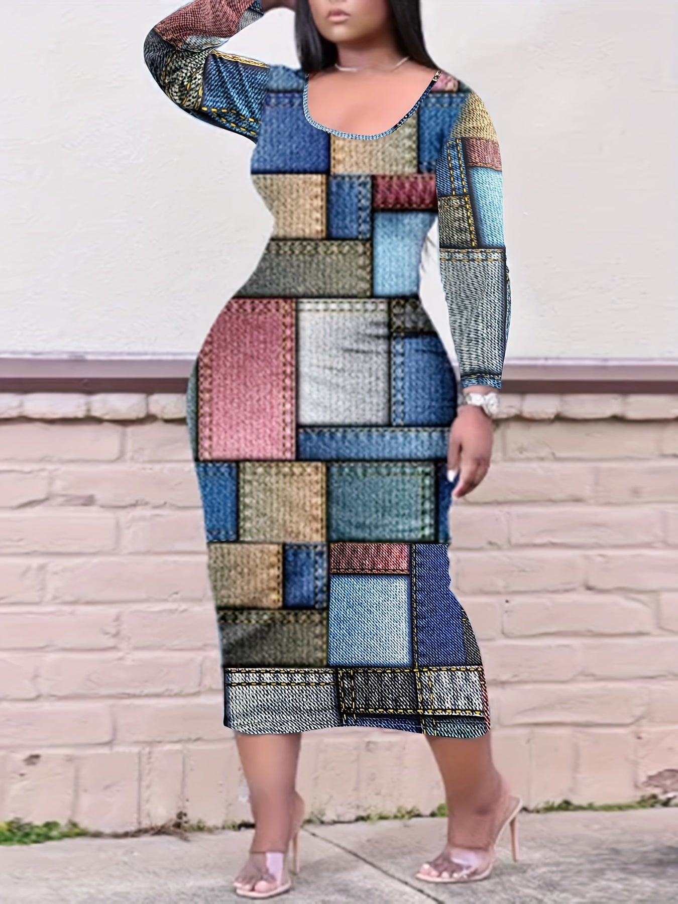 Colorblock Denim Print Long Sleeve Dress