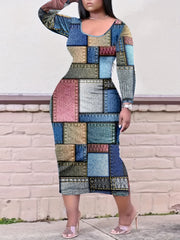 Colorblock Denim Print Long Sleeve Dress