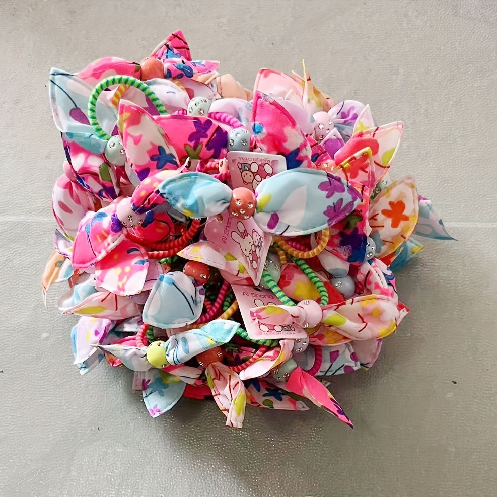 100pc Colourful Rabbit Ear Hair Bands Elastic Mixed Print Bowknot Hair Ropes