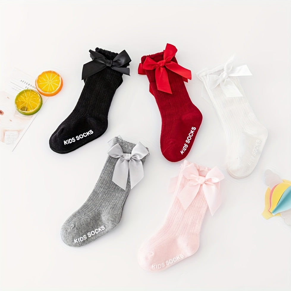 Toddler Girls Knee High Cotton Socks Solid Bowknot Spring Summer