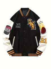 Vintage Embroidery Letter Varsity Jacket Men's Casual Block Button Up Jacket