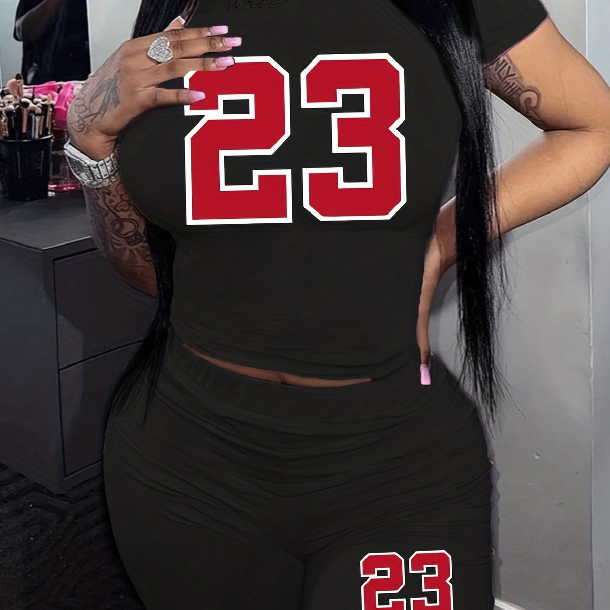 Casual Two piece Set Crew Neck Tee & Workout Shorts Women's Clothing