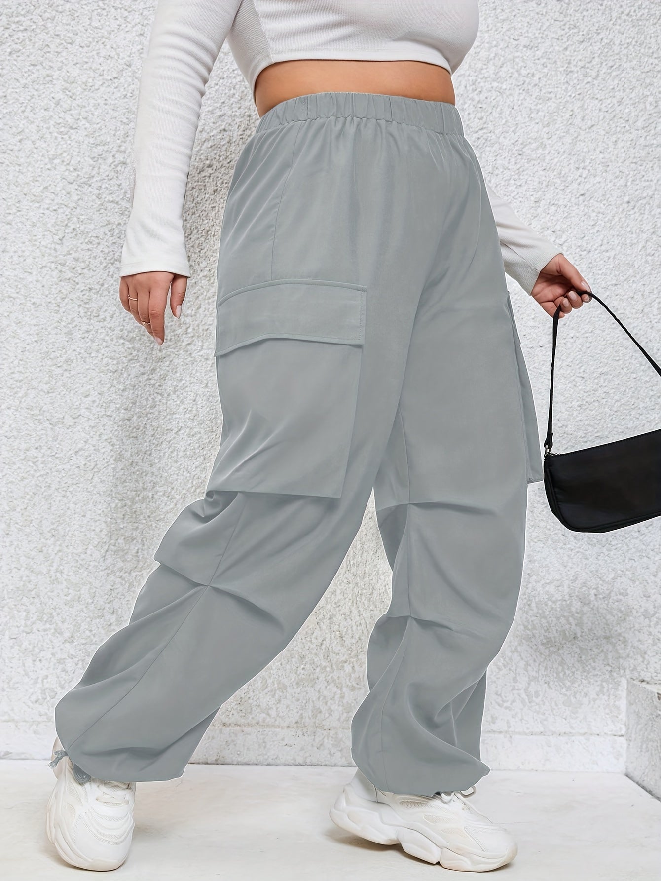  Solid High Rise Wide Leg Cargo Pants