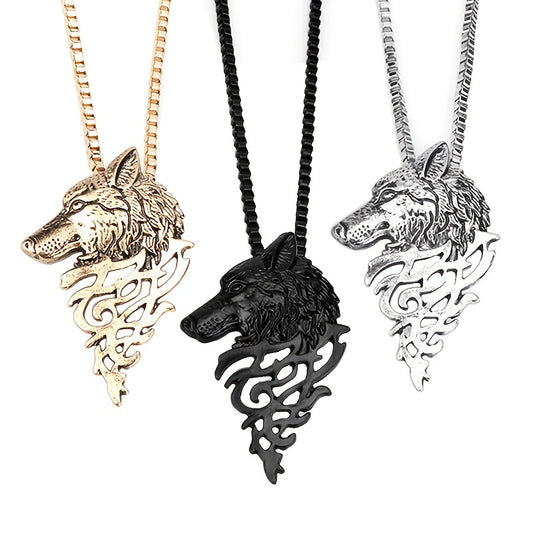 Punk Style Wolf Head Pendant Necklace Men's Jewelry Vintage Hip Hop Sweater Chai