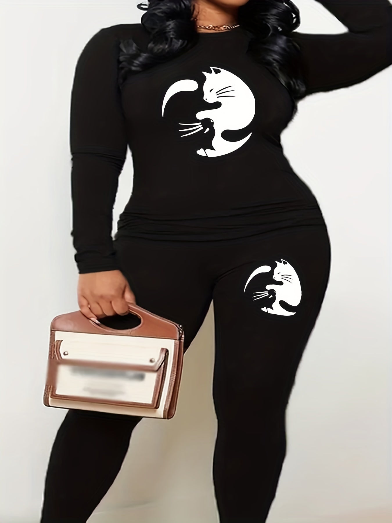 Cat Print Long Sleeve Top & Leggings Set