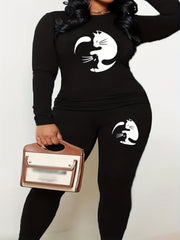  Cat Print Long Sleeve Top & Leggings Set