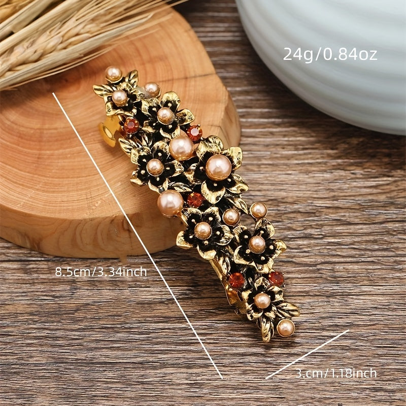 Vintage Metal Flower Hair Clip French Barrette with Faux Pearls