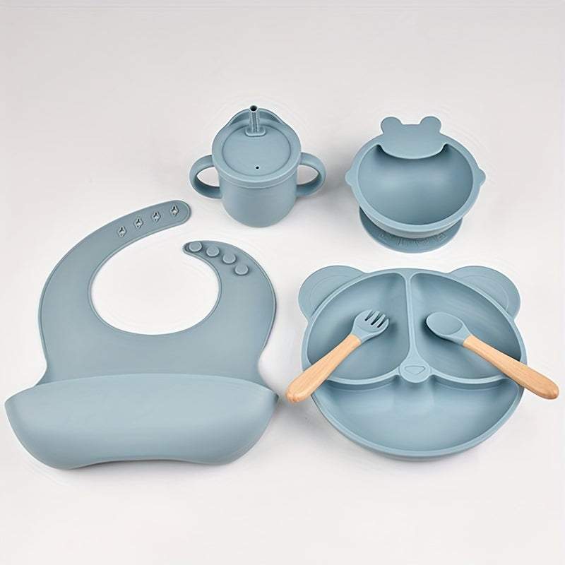 6 Piece Silicone Baby Feeding Set with Suction Plate Bowl Bib