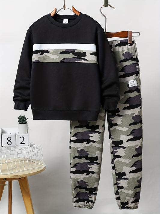 Boys' Outdoor Suit Crew Neck Sweatshirt & Camo Joggers Set