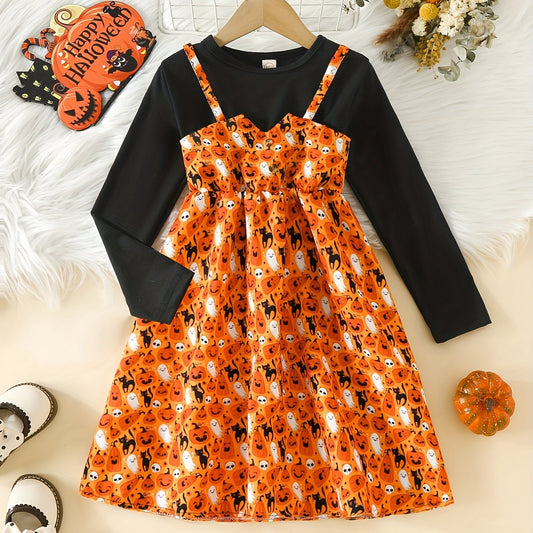 Girls' Halloween Ghosts Long Sleeve Dress