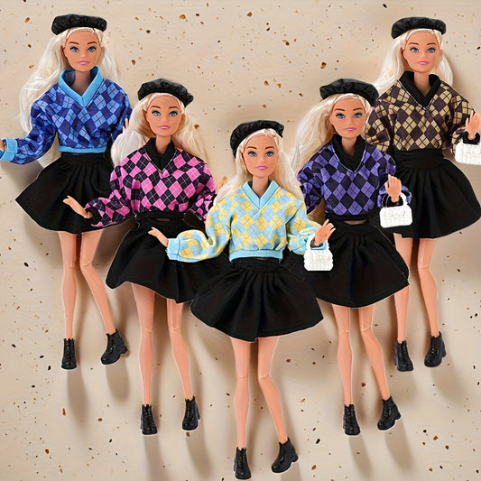 Plaid Doll Clothes Set - Sweater, Skirt, Hat, Bag