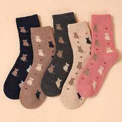5 Pairs Cartoon Cat Print Socks For Women Cute & Cozy Mid Tube Stockings