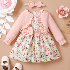 Girls Corduroy Floral Bow Dress Baby Clothes